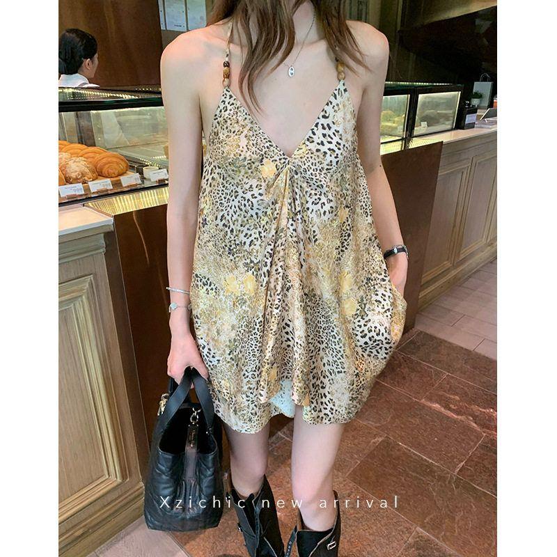 

Irregular Leopard Print Beaded Camisole Top 2025 Summer New Chiffon V-Neck Top for Hot Girls Image color S