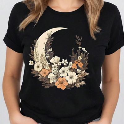 Fashion Women Moon Flowers Plants Print T Shirt Funny Casual O-neck Short Sleeves T-shirt Summer Female Tee Shirt
