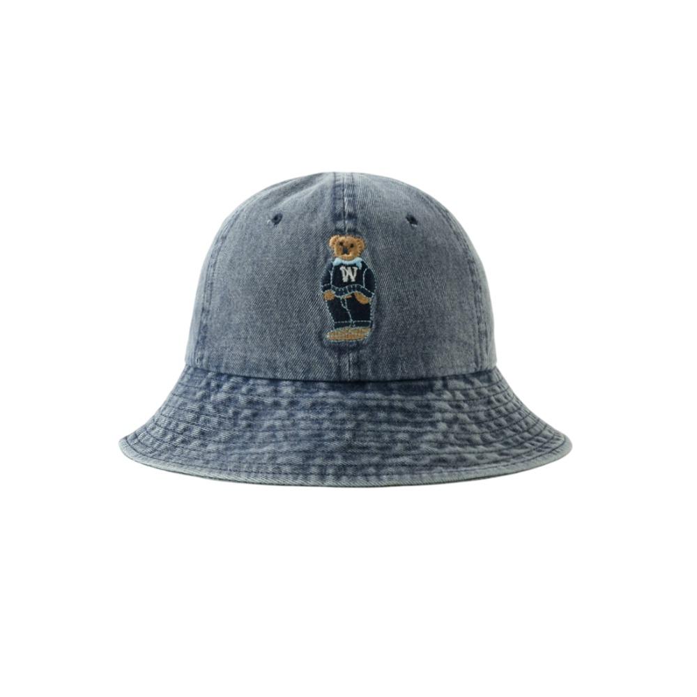 Bear Embroidery Print Vintage Washed Denim Hat Drawstring Adjustable Windproof Fisherman Hat Sunscreen Wide Brim Casual Sun Hat