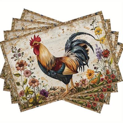 4/6Farmhouse Rooster Placemats Rustic Chicken Imitation Placemat Farm Heat Resistant Dining Place Mats Country Vintage Florals Table Mat