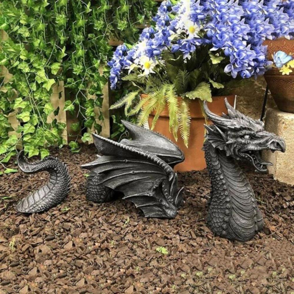 Resin Handicrafts Garden Flying Dragon Ornament Black Three-section Flying Dragon Statue Halloween Decor Garden Ornament