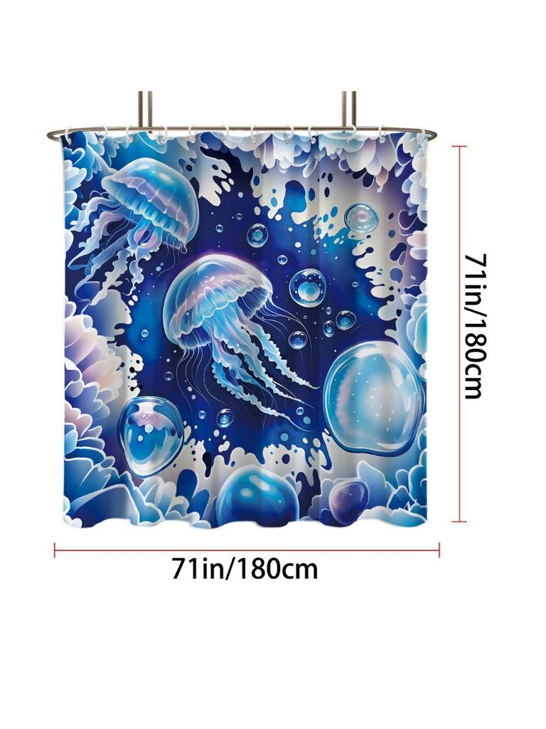 1Pc Blue Jellyfish Print Waterproof Shower Curtain Bathe Partition With 12 Hooks For Privacy Protection Easy Installation