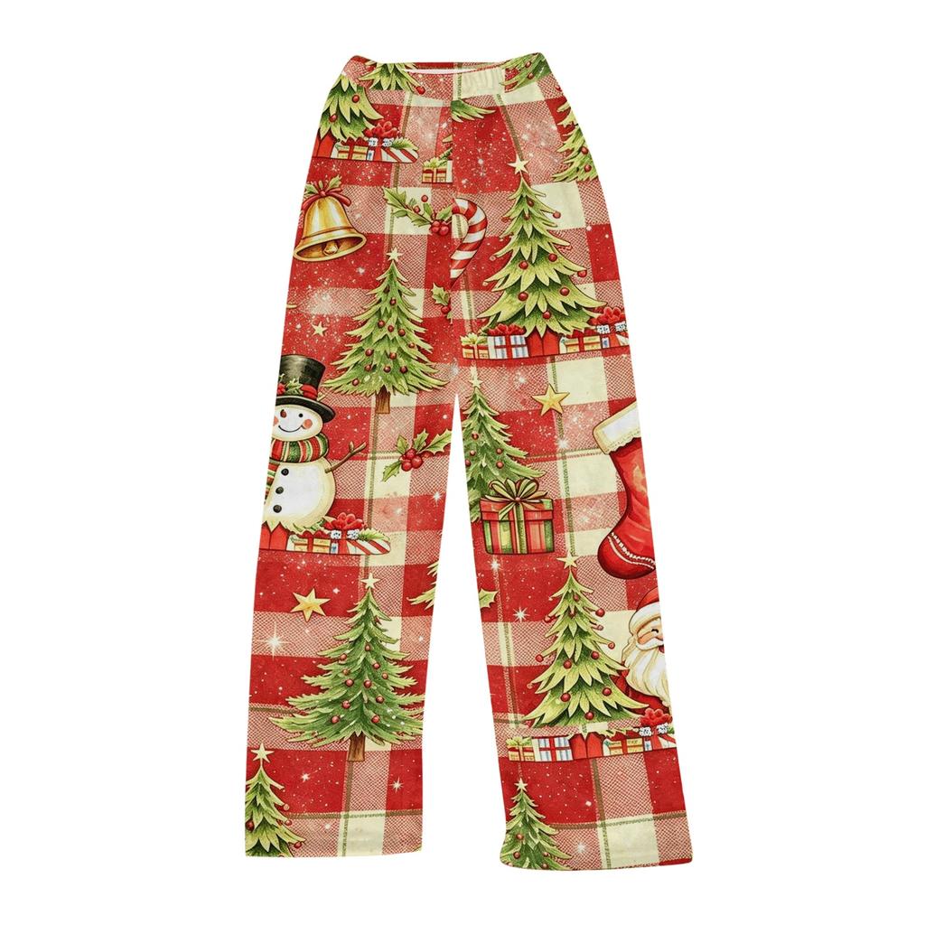 Women's Christmas Plush Pants with Snowflake and Christmas Tree Print, Cozy Sleep Pants for Home