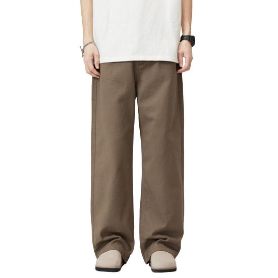 Men Pants Solid Color Straight Wide Leg Retro Style Pants with Pockets Zippered Trousers for Daily Home Streetwear Sports