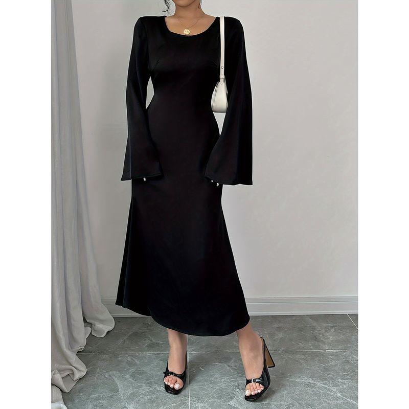 

Fashion European and American Style New Arrival Pure Color Minimalist round Neck Slingback Bell Sleeve Mid Length Long Length Dress European Station Black XS