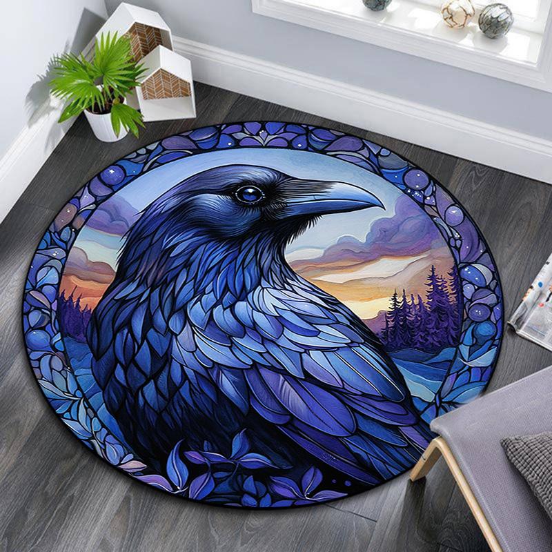 Blue Raven Round Area Rug,Carpet Rug for Living Room Bedroom Sofa Playroom Decor,Non-slip Floor Mat