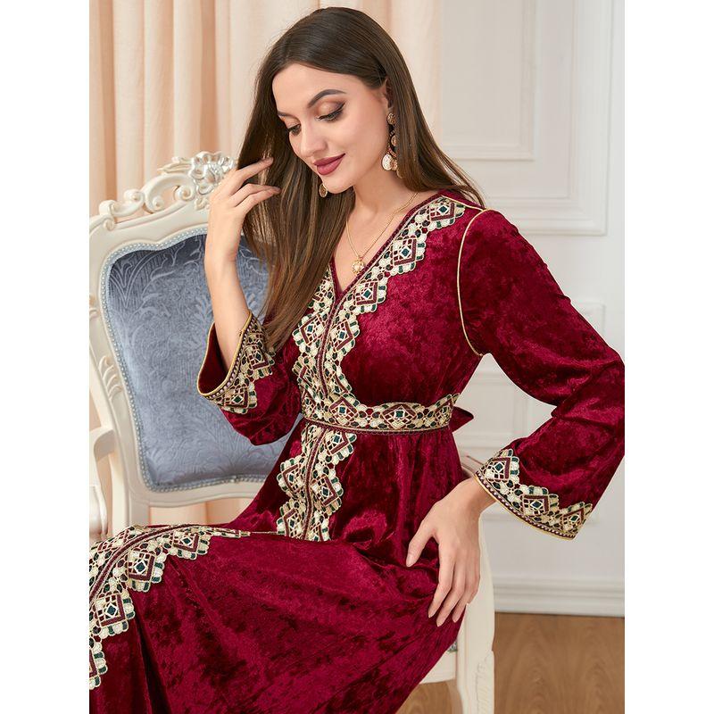 2023 Split Long Sleeve Fall and Winter Women's Clothing Embroider Gold Velvet Indonesia Middle East Belt Long Large Size Dress Dress