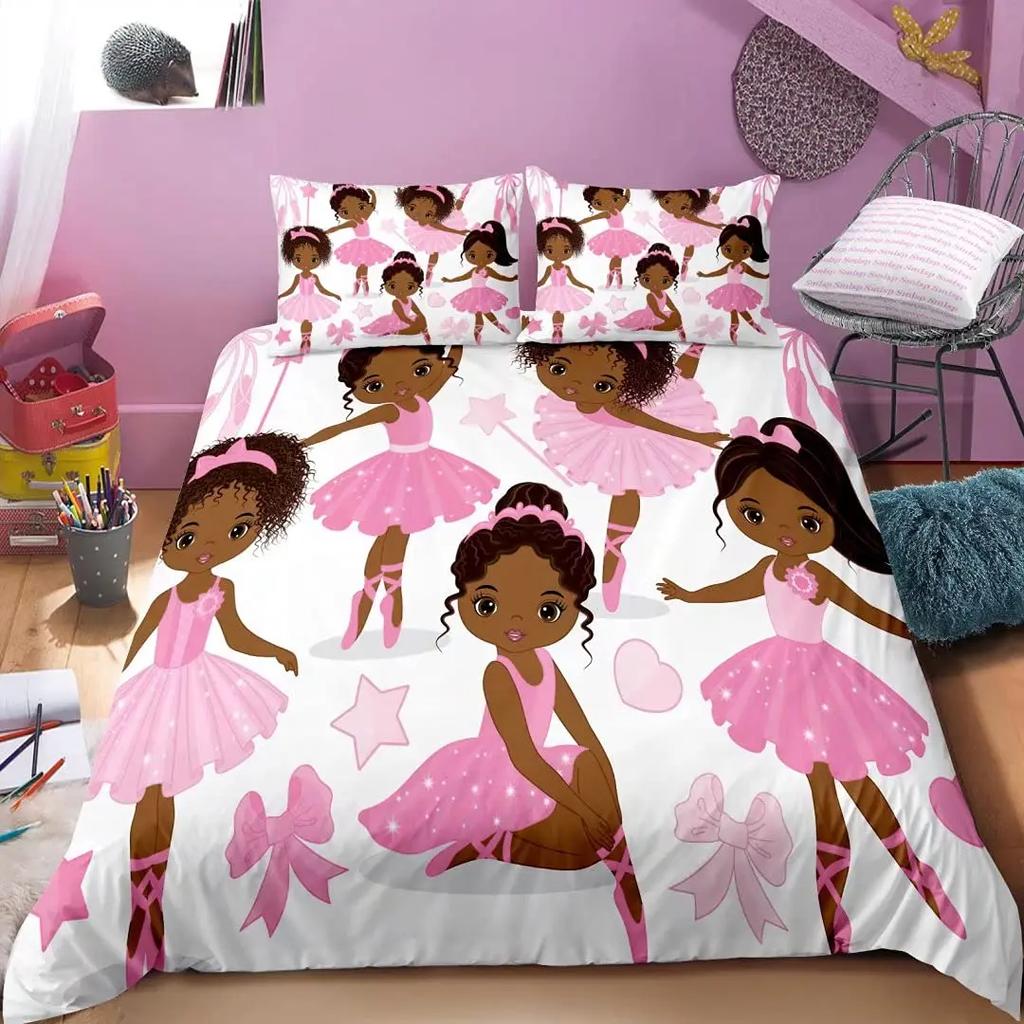 American Black Girl Duvet Cover SetBlack Girl Magic Bedding Set Full SizeCute Little Afro Black Princess Comforter Cover Sets