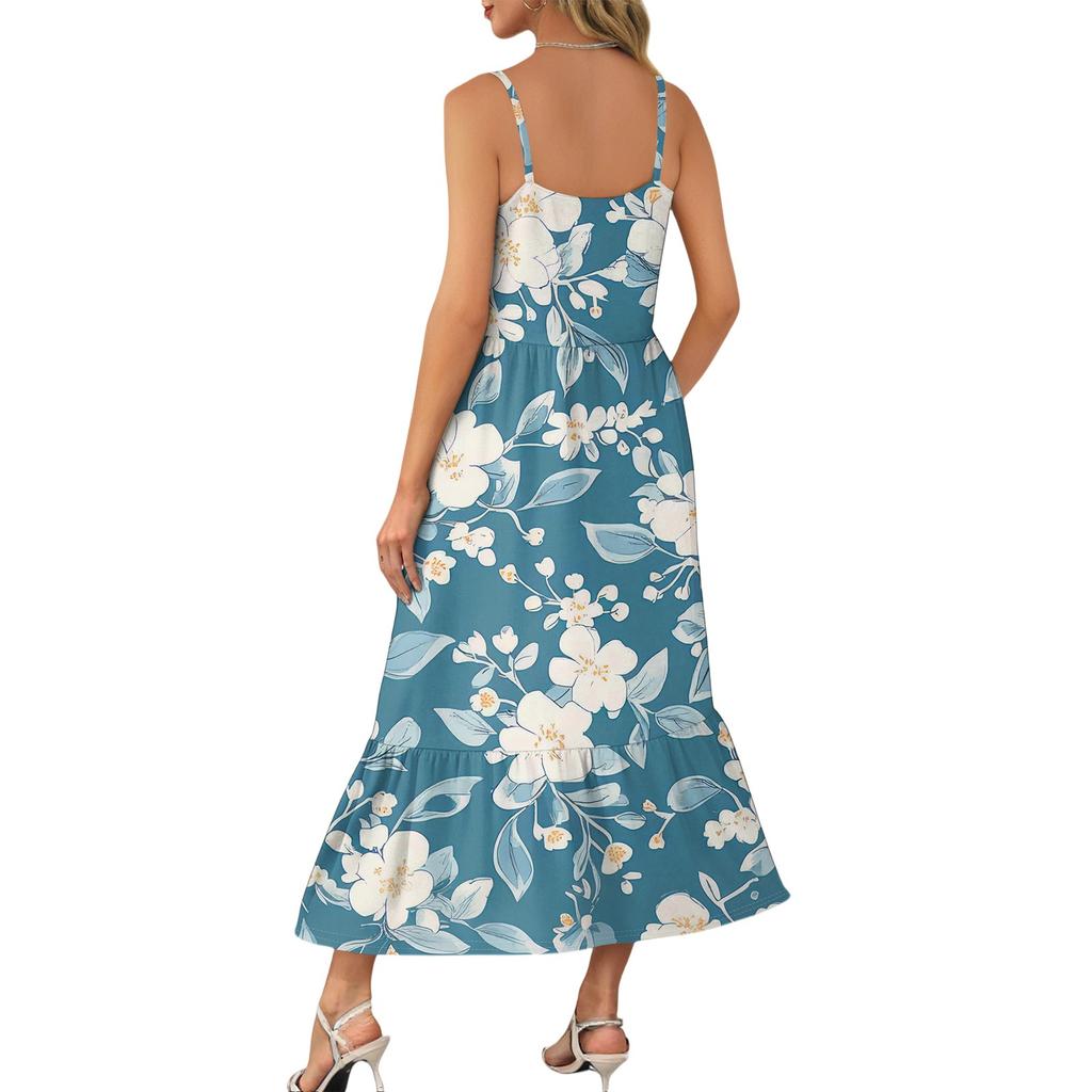 Damska Długa Plażowa Codzienna Elegancka Sukienka Maxi na Cienkich Ramiączkach, Szyta, Subtelna, Zwiewna Sukienka w Stylu Boho