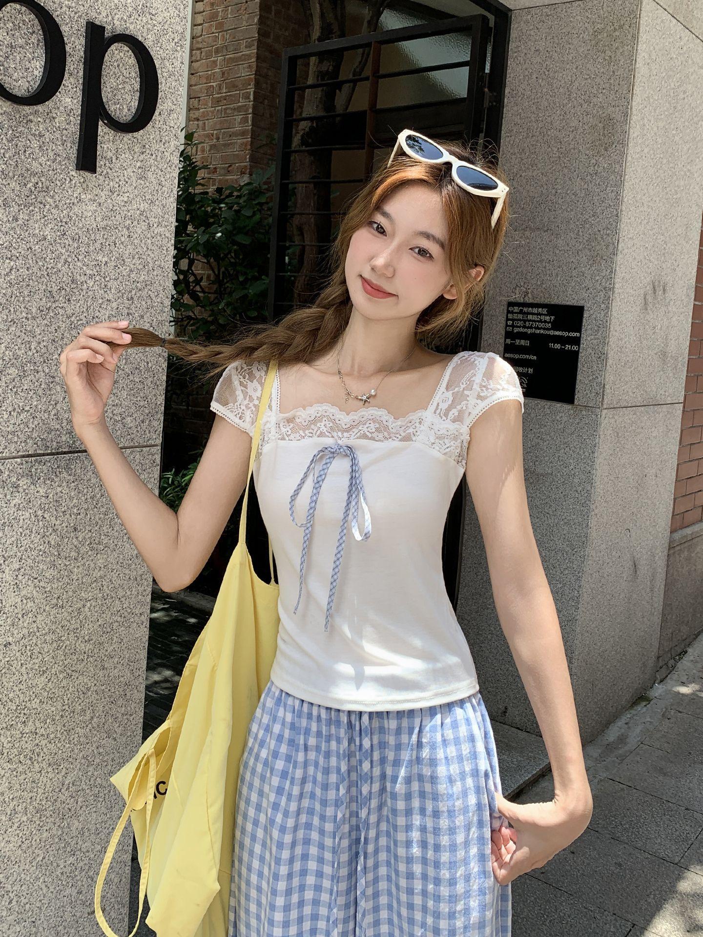 White sweet lace splicing bow strap square neck short-sleeved T-shirt women s summer new backless slim top S белый