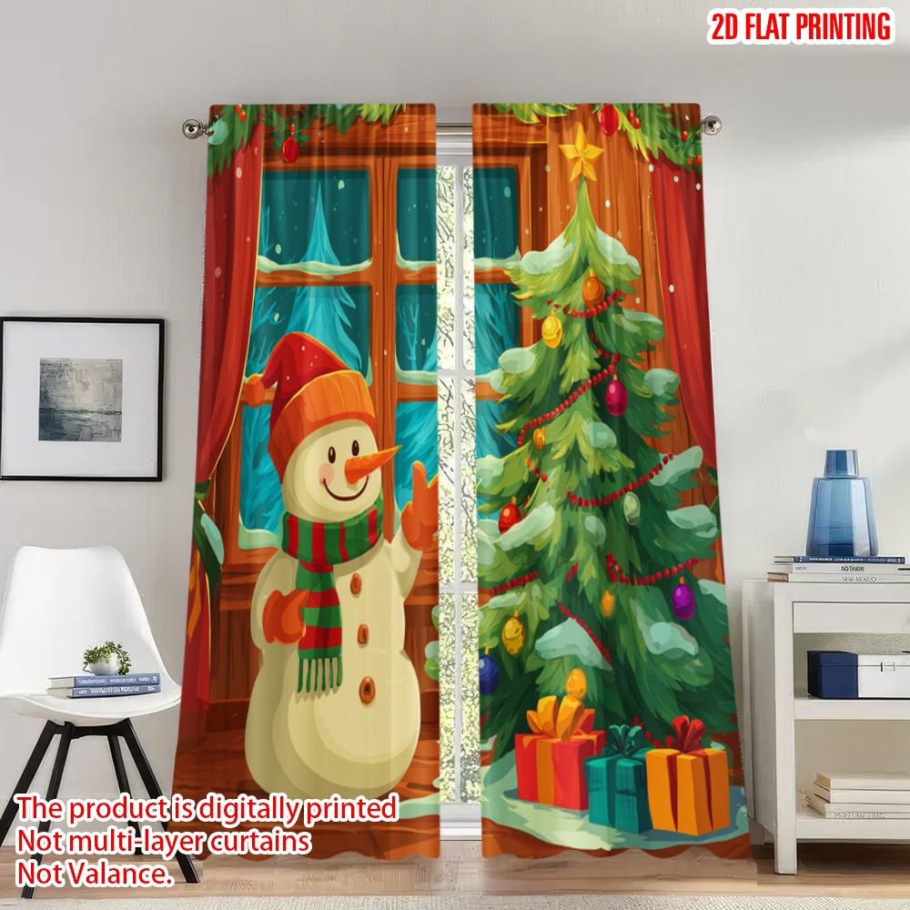 

Set Of 2 Flat Printing Merry Christmas Trendy Curtains Snowman Winter Scene Digital Printed Polyester Drapes Party Curtain W100*H70(CM)-Hooks&2PCS