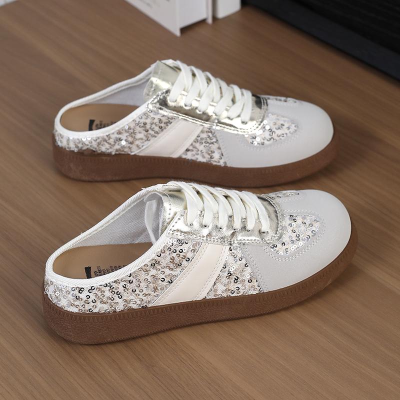 Vintage Closed-Toe Half Slippers for Women, Flat Summer Outdoor Slip-On, Niche Sequin Lazy German Training Sandals