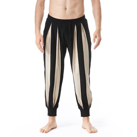 Men Pants Cotton Linen Casual Trousers Loose Fit Elastic Waist Color Block Design Relaxed Fit Long Pants Daily Wear