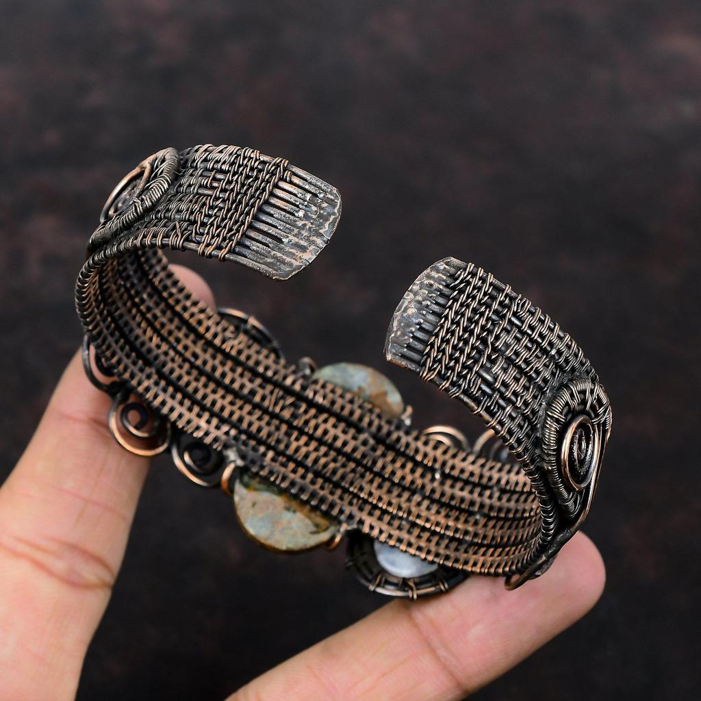 Spessartine Garnet In Limestone Bangle Copper Wire Wrapped Gemstone Cuff Bracelet Rainbow Moonstone Bangle For Gift Handmade Adjustable Cuff