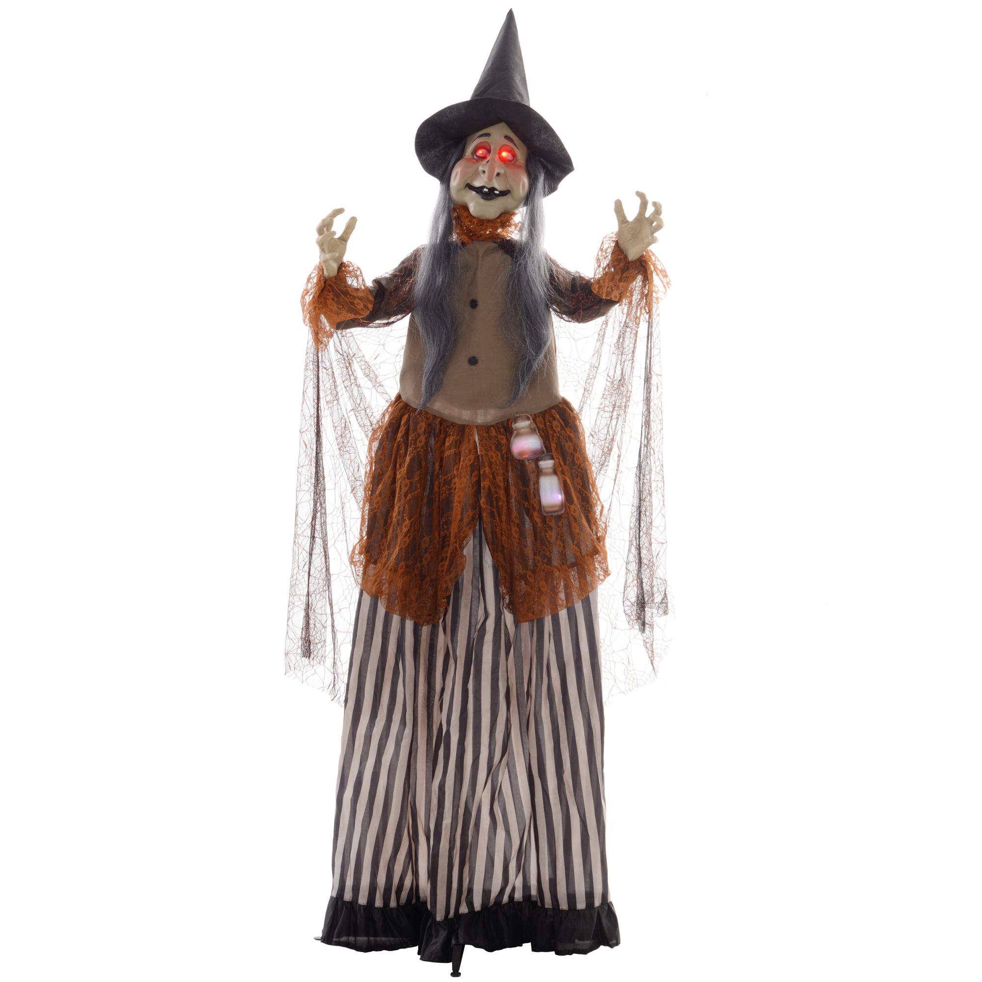 183 Cm Taille Réelle Halloween Sorcière Debout Animée Visage Rond et Gras Avec Yeux Rouges Lumineux Activée par le Son Bras Mobiles Et