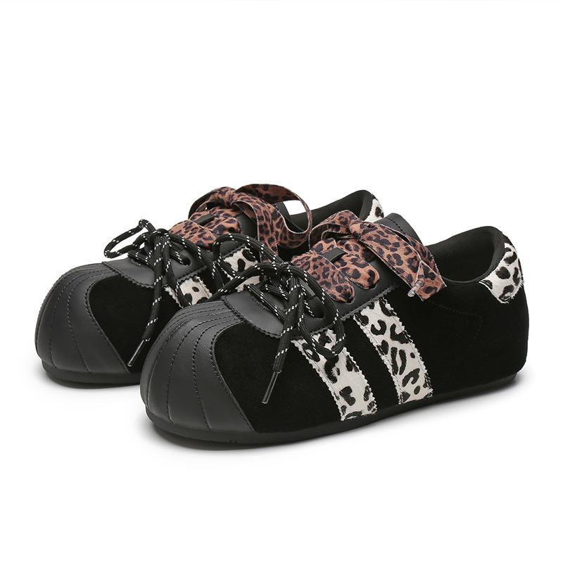 2025 Casual Four Seasons Heightening Retro Leopard Print New Suede Round Head Ugly Cute Contrasting Color Sports Women's Shoes