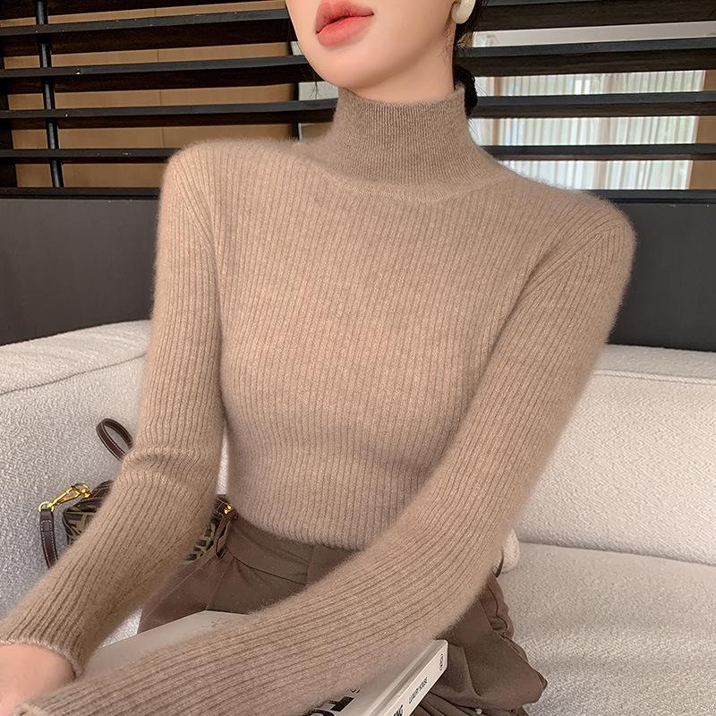 Women's Coffee High-Neck Sweater - Celebrity Style, Fall/Winter 2025, Slim Fit, Solid Color, Base Layer.