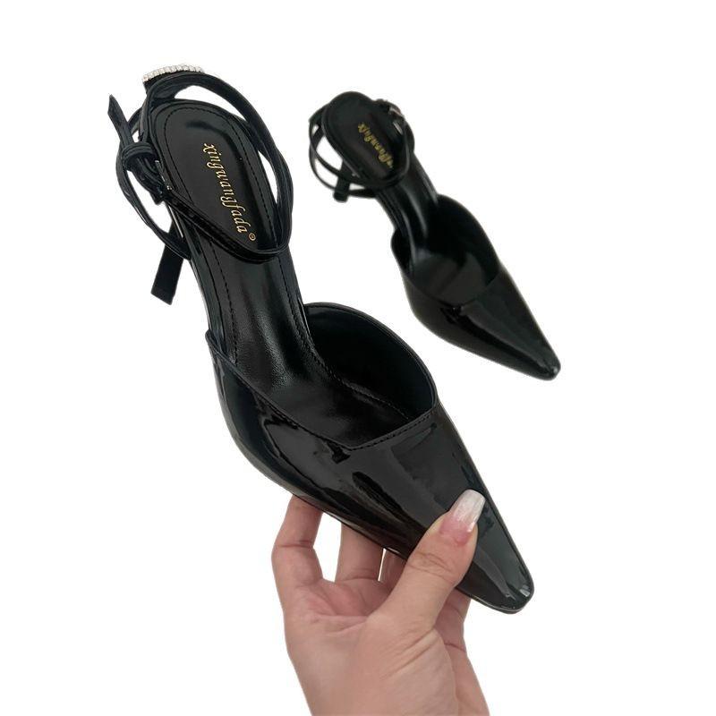 Temperament rhinestone pointed black high heels niche design sense one-word buckle bag head sandals women