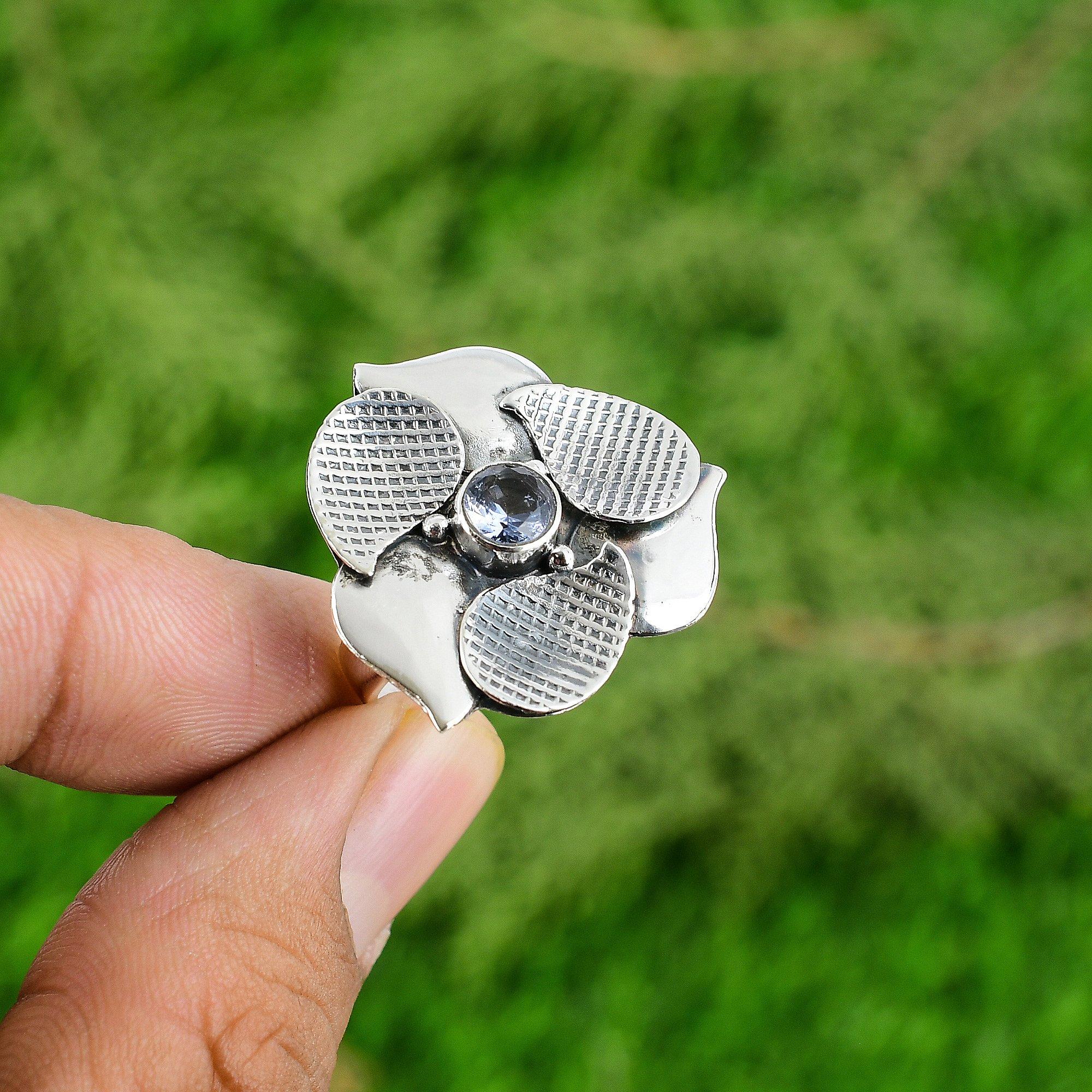 

Круглое кольцо из серебра 925 пробы с натуральным танзанитовым кварцем и цветком-заявлением Мать , элегантное Adjustable