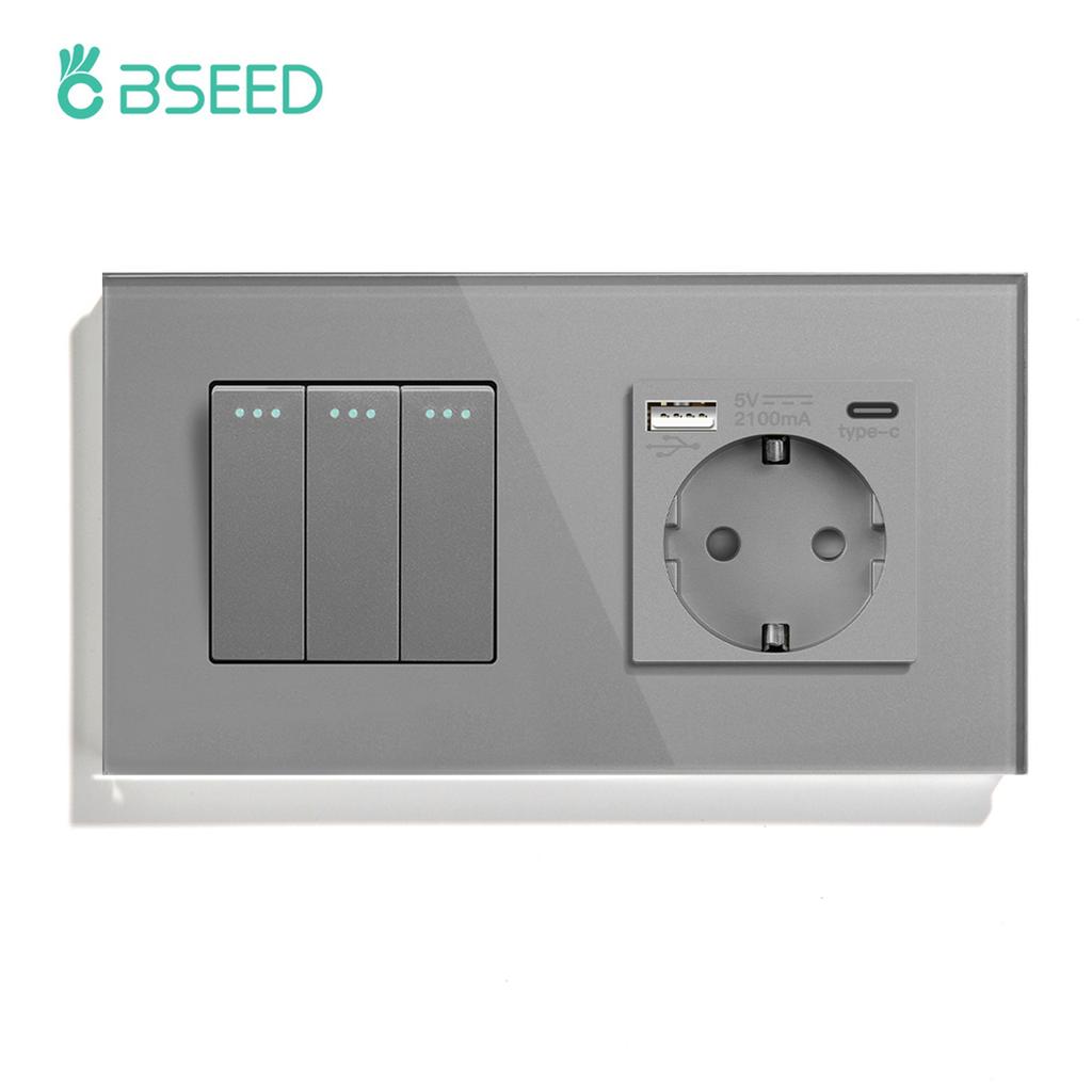 BSEED 1/2/3Gang Mechanical Light Switches 1Way Plus Wall Socket Type-c USB Power Outlets Crystal Glass Frame EU Standard Gray
