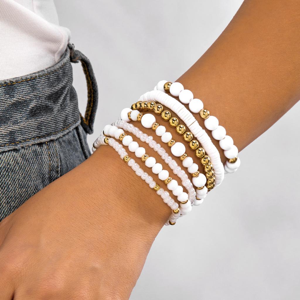 Bohemian bracelet stacking set, retro ethnic wind wood beads, crystal soft pottery beaded bracelet bracelet.
