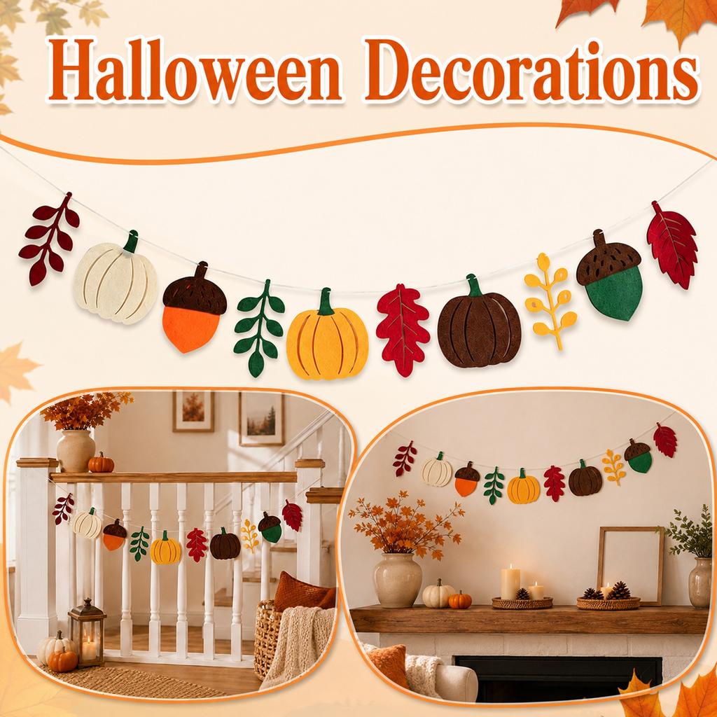 2 Pack Fall Pumpkin Leaves Bunting for Thanksgiving Halloween Mantel Home Party Decor