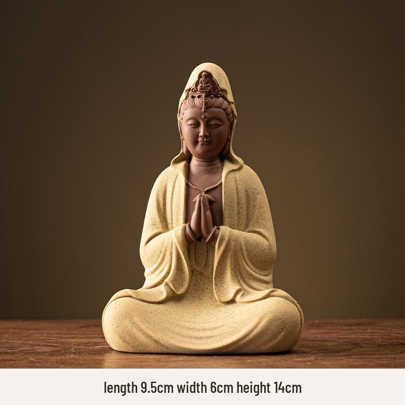 Ceramic Seated Guanyin On Lotus with Light Ring and Anjali Mudra for Home Decor