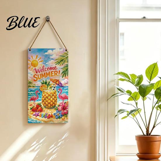 Solid Wood Wall Plaque Summer Wooden Hanging Sign, Welcome Sign Front Door Decor with Refresh Home Rope, Colorful Hanger for Seasonal Farmhouse Beach