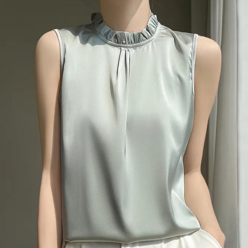 Sleeveless Blouse Ruffled Mandarin Collar Satin Tank Top