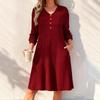 Women's Color V-Neck Long Sleeve Button Front Dress with Pockets Casual Elegant Wear