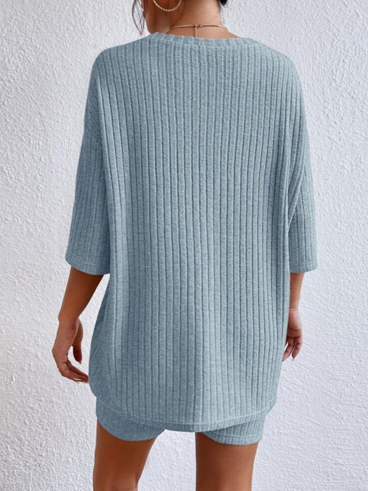 Fashion Casual Solid Color Spring Round Neck Loose Women's Shorts Set