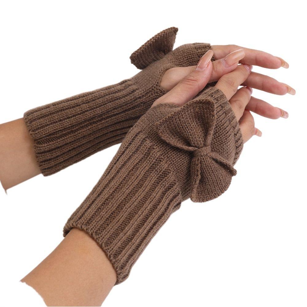 Comfortable Thick Warm Bowknot Knitted Gloves Elastic Soft Half Finger Gloves Keep Warm Arm Warmers Youth Student