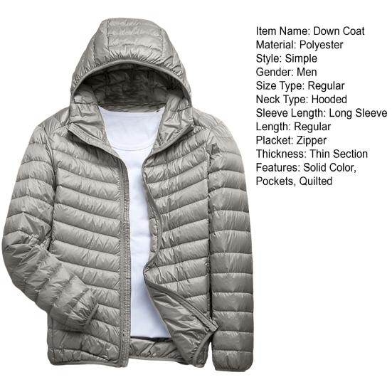 Men Cotton Jacket Hooded Long Sleeve Solid Color Down Coat with Pockets Full Zipper Closure Thin Quilted Winter Outwear