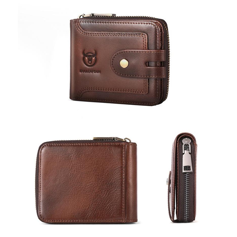 BULLCAPTAIN Men's Genuine Leather Short Zipper Wallet - Multi-Function Organizer with ID Card Holder | Premium Vintage Style