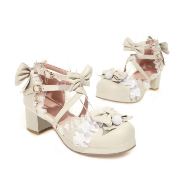 Süße Perle Schleife Mädchenschuhe 2025 Damen Absätze Plateau Spitze Prinzessin Mary Jane Lolita Schuhe Party High Heels Damen Pumps30-43
