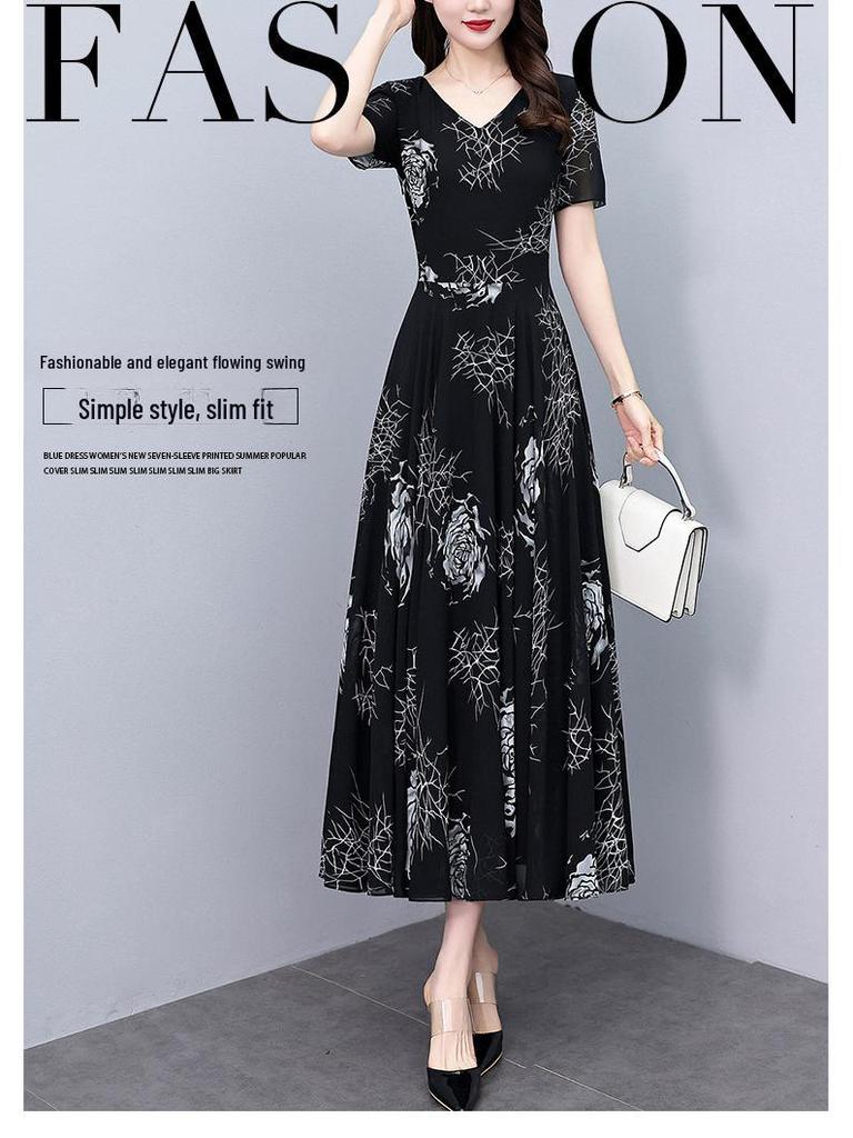 Spring/Summer 2024 V-Neck Floral Black Midi Dress - Plus Size Women's High-End Collection