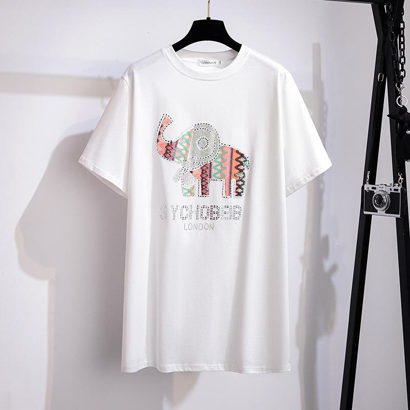 Plus Size Women S Rhinestone Loose Mid Length Short Sleeve T Shirt
