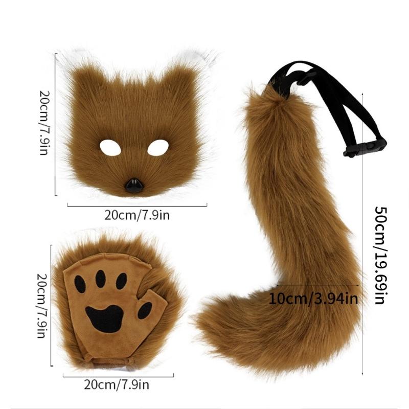Wolf Foxes Costume Set Plush Animal Mask Animal Tail and Glove, Halloween Animal Costume for Kid Adult Halloween Cosplay