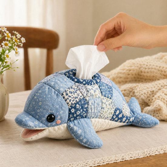 DIY Tissue Box, Top Opening Soft Fabric Cover, Marine Animal Theme Tissue Dispenser, Multipurpose Patchwork Designs Sewing Kit, for Home Car Office