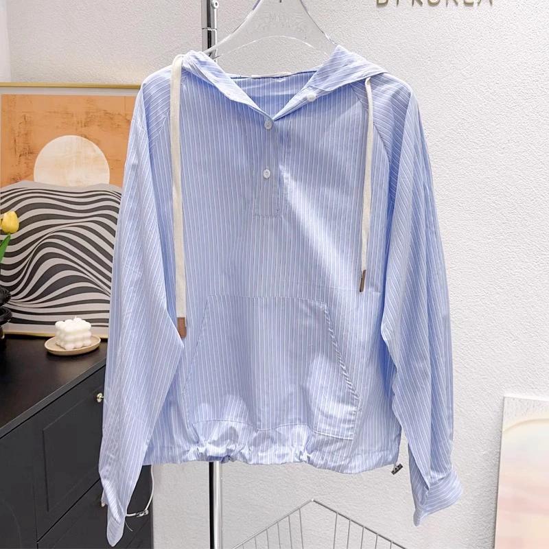 

Минималистичный ленивый свитшот с капюшоном в гонконгском стиле для женщин, весенний и осенний дизайн, полосатый синий топ с длинными рукавами XS