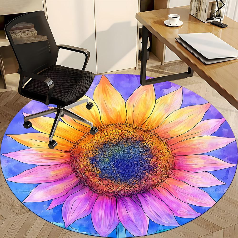 1pc Sunflower Bloom Office Round Area Rug, Indoor Mat Suitable ForOffice, Under Office Chairs Bedroom Living Room Home Decor D016