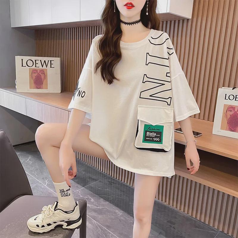 2023 Summer Korean Patchwork Pocket Letter Print Loose Short-Sleeve T-shirt for Women