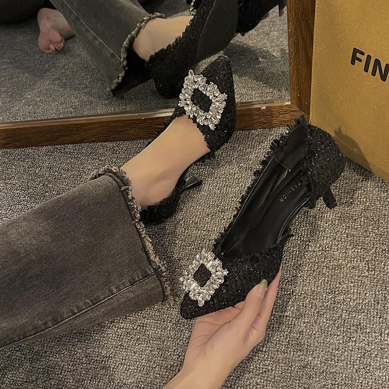 Autumn new shallow mouth pointed head thin heel sandals women's simple side empty bag head high heels temperament rhinestone sandals