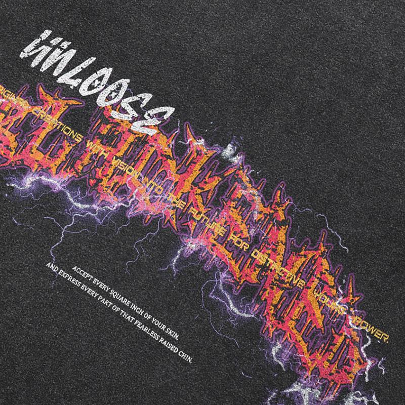 Streetwear Lightning Letters Graphic T-Shirt Cotton Washed Black Tshirt Unisex Tops Tees Summer Short Sleeves T Shirt
