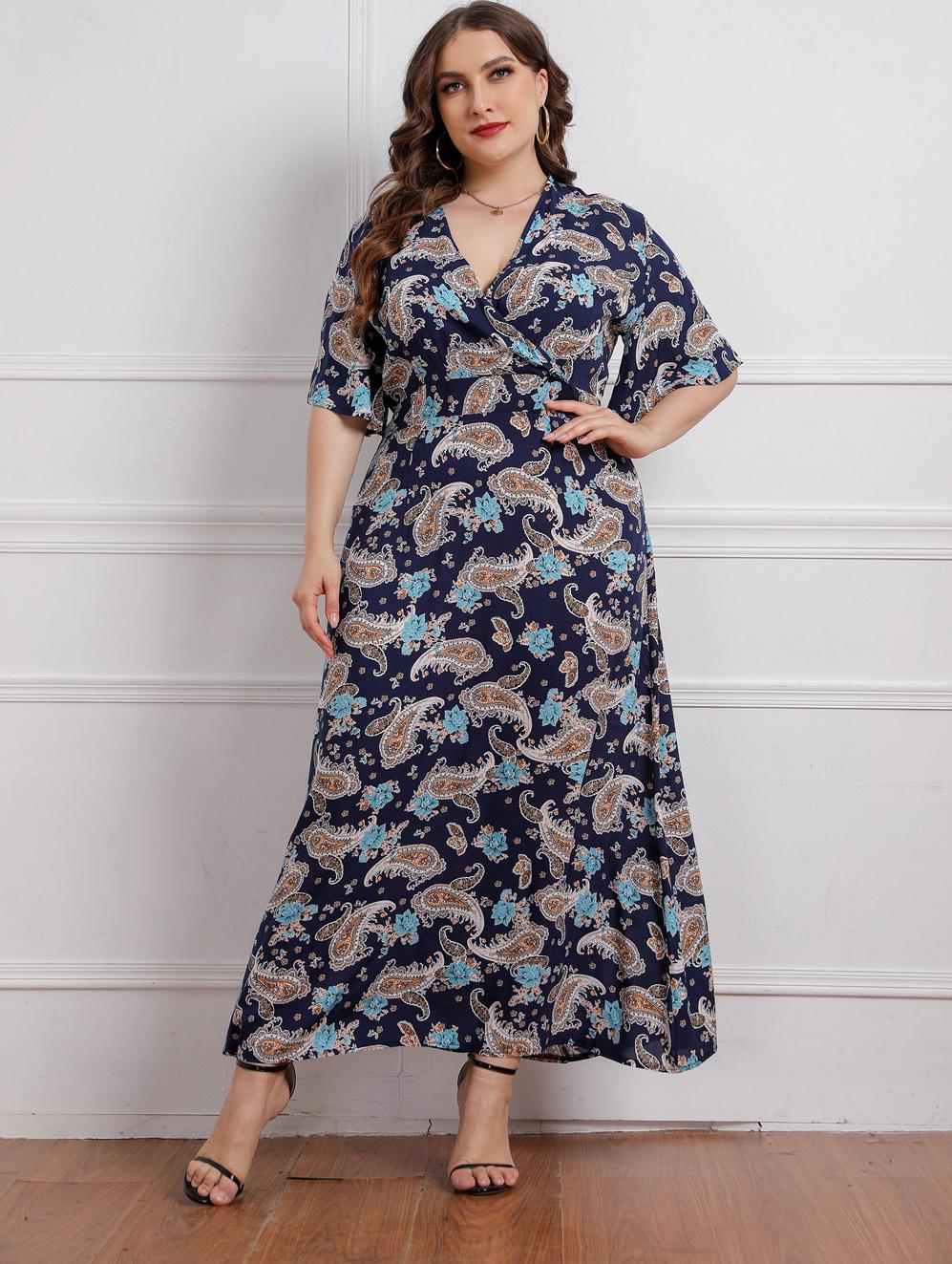 

Лето плюс размер 5xl сексуальные женские халаты с принтом платья уличная одежда трапециевидное платье с v-образным вырезом и оборками 5XL синий