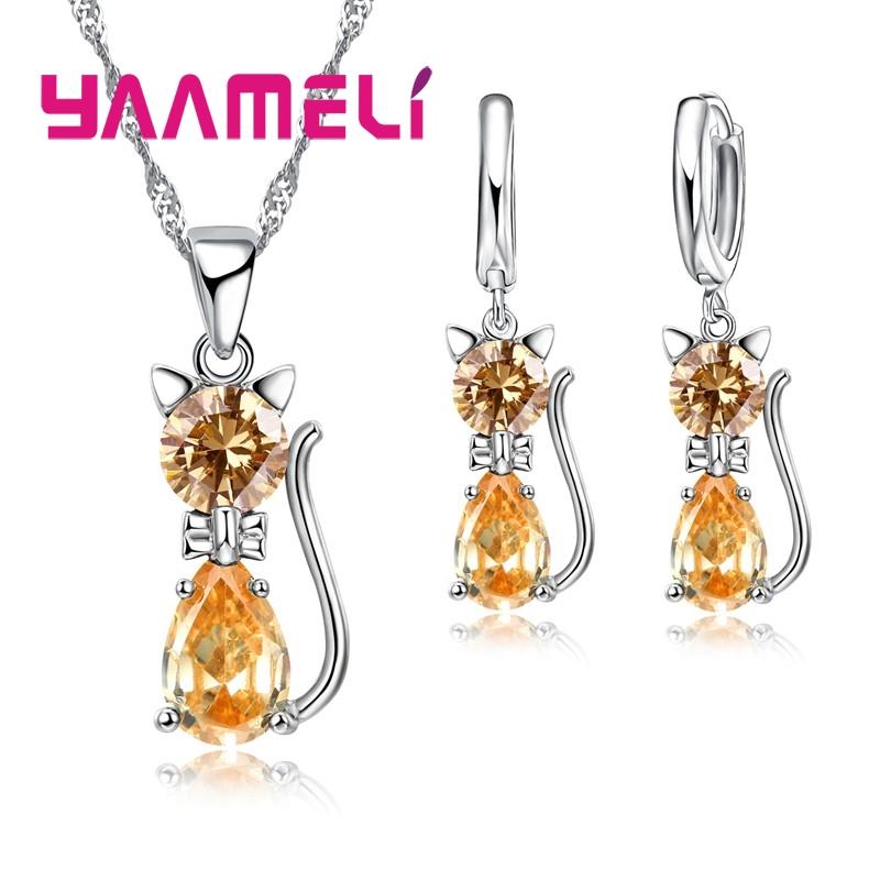 Real Zinc Alloy Sterling Zinc Alloy Color Zircon Sets for Woman Girls Shining Austrian Crystal Cute Cat Pendant Necklace Huggie Earring