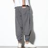 Summer Men's  Buckle Striped Harem Pants Breathable Cotton Linen Pencil Pants Buckle Casual Bloomers Trousers