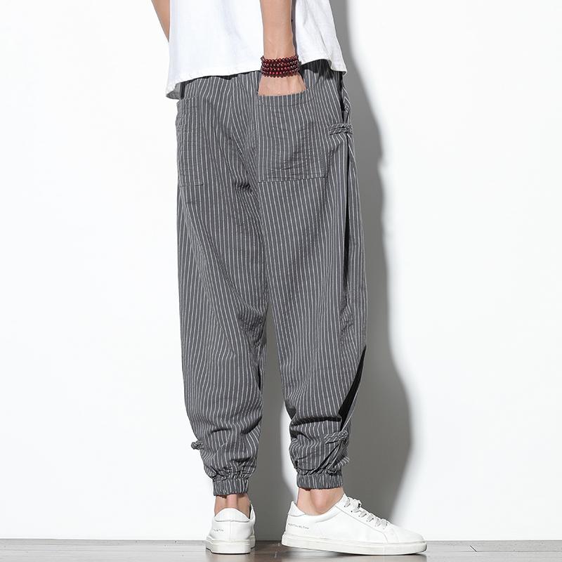 Summer Men's Buckle Striped Harem Pants Breathable Cotton Linen Pencil Pants Buckle Casual Bloomers Trousers