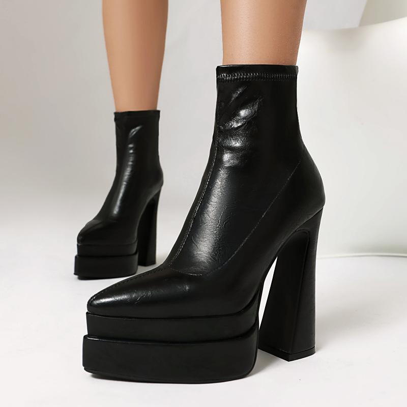 

New women s medium boots pointed European and American nightclubs thick heel foreign trade large size leather boots autumn and winter super high heel 39 чёрный