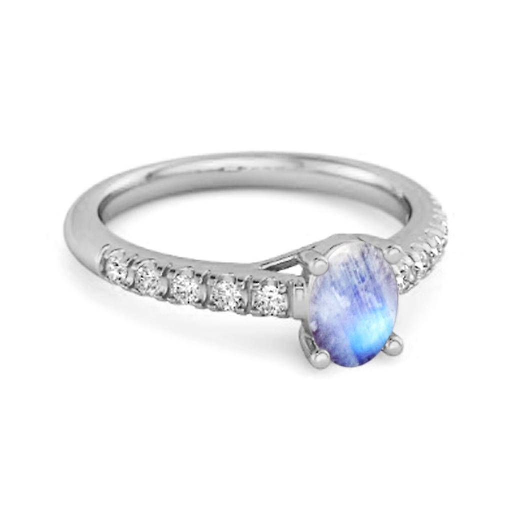 Moonstone Pave Band with White CZ Accents Ring - 925 Sterling Silver